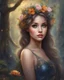 Placeholder: Painting of a beautiful girl, beautiful, haunted forest, flowers on her head, glitter dress, young girl, digital painting, fantasy art, pretty face, inspired by Thomas Kinkade, anime portrait, barbie face, big eyes, bright eyes, dream, trees, forest background, dark night, song, glitters background, fantasy, high quality, 8k