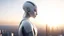 Placeholder: Photoreal Gorgeous godlike white alien cyborg looking over a futuristic city on the horizon in mystical haze at golden hour , otherworldly creature, in the style of fantasy movies, photorealistic, bokeh masterpiece smooth shading, ultra detailed, high resolution, cinematic, unreal 6, subtle shadows, octane render, 8k, cinema 4d, HDR, dust effect, vivid colors