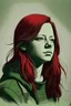 Placeholder: Draw a portrait of a beautiful German girl using dark red chalk on a harsh textures light green-gray paper, curved outlines, silhouettes lines extended as overhang lines style, silhouettes and creases and contour lines are drawn with dark red Conte, the final result is a fast sketch on a textured gray-green background,