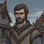 Placeholder: fantasy handdrawn detailed, male in mid thirties, townsguard, medieval, dark brown hair really short hair, 3 day beard, looks tired, wooden palisades in background