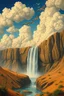 Placeholder: Hieronymus Bosch Style high quality picture waterfall in the desert beautiful clouds with birds hovering above