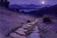 Placeholder: Night, purple flowers, pathway, mountains, rocks, little puddle, theodore robinson impressionism painting