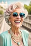 Placeholder: an happy older woman wearing sunglasses, vintage pastel outfit, and a necklace. She has a wide smile on her face and is laughing, in background blur bridge, natural light , high detailed, sharp focus, photorealistic, happy mood