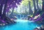 Placeholder: a beautiful scene of a forest in the distance with very purple trees and a blue shimmering river going down the forest the sky is an orangey pink