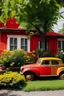 Placeholder: a simple moderen house,in front of small garden,many flowers,wood fence beside a mango tree.in front of the moderen red car.