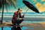 Placeholder: amazing reflections, wonderful textures, perfect skin, dynamic, cinematic, dramatic, deep low angle: legendary SF author William Gibson crouching on a polluted littered Japanese nuclear beach under parasol, round eyeglasses, puddle, summer vibe, Akira vibe, Katsuhiro Otomo style, bold vivid colors, sharp shadows, black outlines, very detailed, intricate