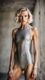 Placeholder: beautiful anorexic woman, total shot, short grey metallic triathlon swimsuit, short blond wavy bob hair, blurred concrete background