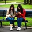 Placeholder: "two teenage girls sitting on different park benches texting on cell phones, moody, profound, dramatic, photorealistic