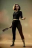 Placeholder: retro portrait image from 1960, explosion, long hair, young Scarlett Johansson, classic black tight lycra suit, metal stick weapon, gold bracelet and belt, high heel boots, soft color, highly detailed, unreal engine 5, ray tracing, RTX, lumen lighting, ultra detail, volumetric lighting, 3d, finely drawn, high definition, high resolution.