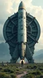 Placeholder: Unrealistic . Imaginative. Unique. Photorealistic. interpretations. Distinct . Natural beauty . Highly Symmetry. Highly Detailed. Intricate. Mystery. Puzzle. Illusion. Dystopian. Colossal.starship rocket landed on the field Aliens are working around it to fix it