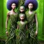 Placeholder: photo. .three women. A mother. Two daughter. Twins. A mother with her children. three young black women. wood nymphs emerging from the forest. Her hair looks like vines. Dreadlocs. Her skin is the colour of dark soil. Her skin looks like tree bark. Her clothing is made of vines, grass and leaves.