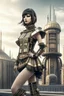 Placeholder: full body picture of a woman with a bob, a fringe hairstyle, Cleopatra clothing futuristic steampunk, city background