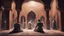 Placeholder: Hyper Realistic back-view of few men killing a man praying namaz with a sword inside a prehistoric-ancient-brick-mosque-with-ancient-islamic-architectural-patterns-crafted at night showing dramatic & cinematic ambiance