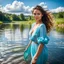 Placeholder: upper body closeup of very beautiful girl walks in water in country side , curvy hair ,next to small clean water river,pretty clouds in blue sky