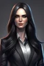 Placeholder: realistic American female president of the future with dark long hair and looking powerful