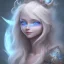 Placeholder: visage souriant, fée magicienne du nord, fantasy, bleu et rose grands yeux bleus, cheveux long blond