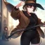 Placeholder: Clear focus, High resolution, short brown spiky hair, hair between eyes, eyes closed, wearing a brown detective hat, wearing a brown jacket and a black shirt, wearing black shorts, 1girl, pulling hat down, smiling, wearing a oversized jacket