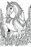 Placeholder: outline art for horse coloring pages with horse and flowers, white background, Sketch style, full body, only use outline, clean line art, white background, no shadows and clear and well outlined