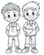 Placeholder: black American two young boys study kids coloring pages, white face no black color, full white, kids style, white background, whole body, Sketch style, full body (((((white background))))), only use the outline., cartoon style, line art, coloring book, clean line art, white background, Sketch style