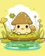 Placeholder: magical kawaii mushroom with a big, frowning mouth and droopy eyes, sitting on a lake log in a quiet and peaceful lake, lost in its own thoughts, high details, forest background, cute, kawaii, style coloring cover for adults, ultra reality