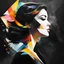 Placeholder: a woman's profile in black superimposed on a small limited abstract geometric sunlight on a black background, professional digital painting, large ribbons painted with vibrant watercolor paint made with short wide brushstrokes