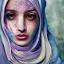 Placeholder: washed out, melting watercolor portrait of woman's face wearing hijab, smeared, washed out face, beautiful, fine detail, highly intricate, modern surrealism painting, fog, high-quality, volumetric lighting, 8k, ultrahd, George Grie, Ben Gossens, Marco Escobedo, Igor Morski,Brian Froud, Howard Lyon, Selina French,annie stokes