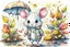 Placeholder: watercolor painting, Jean-Baptiste Monge style, Cute adorable baby white mouse in jeans clothes walking in the rain in Autumn, splash art