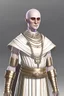 Placeholder: full length, gangly, 22-year old, shaved head, grey-eyed female human cleric with a beaded necklace wearing scale mail