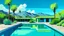Placeholder: Painting of a mid-century modern house with a pool in the foreground, palm trees, mountains, and a blue sky with clouds in the background, oil on canvas. The house is a single-story structure with a flat roof and large windows. The pool is rectangular and filled with clear blue water. The palm trees are tall and slender, with green fronds. The mountains are brown and rocky. The sky is a clear blue with a few white clouds. The painting is done in a realistic style, with attention to detail. The c