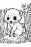 Placeholder: cute coloring page, sketch style, cute baby ferret in the wood, cute cartoon, white and black, withe background, no shadows, outline.