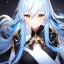 Placeholder: Clear focus, High resolution, Long light blue fluffy hair, hair between eyes, yellow eyes, wearing black fabric shorts, detailed outfit, blue and black outfit, gold accessory