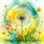 Placeholder: Create a watercolor and chalks painting, whimsical painterly fantasy art, a single large dandelion plant including appropriate leaves at the base of the stem, the head of the dandelion surrounded by a transparent bubble, the dandelion has gone to seed, paint splatter overlay, intuitive pastel colors, soft yellow meadow sprinkled with dandelions and small transparent bubbles in background, add reflections to the bubbles, watercolor and chalk style.