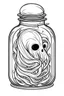 Placeholder: spooky ghost stuck in the jar idea, line art, background, vector, svg, black outline on white background, leave plenty of white space beetween lines for coloring, tattoo style, tattoo idea,full body, minimalist