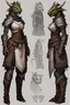 Placeholder: a female dragonborn OC reference sheet, lightly armored