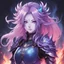 Placeholder: Ghost Fire lady with ebony and purple armor pink blades and blue-fire mane in josei anime art style