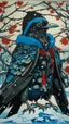 Placeholder: A contemporary serigraphy portrait by Kuniyoshi and Kunisada of a crow adorned in a punk leather jacket within a snowy Christmas atmosphere.