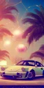 Placeholder: 1980's aesthetic vaporwave palm trees and spheres and glowing Porsche