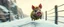 Placeholder: fast and clever cute little evil moss pig named on wild chase through air, on icy bridge, motion blur, standing by the guard rails, fantasy 3d realm