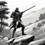 Placeholder: A Terminator as a sniper on a hill in the bush, his long rifle on a rock, ready to fire. Record of Lodoss War style, Linework: Expressive, expressive black ink line art with variable stroke weights. Crisp contours define silhouettes while fine hatching adds subtle depth and form.