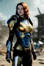 Placeholder: ultrarealistic, ruined city,__Starcraft armor__, __angles__, 19 year old woman, strikingly beautiful, ginger hair, silver colour, [__starlets__|__starlets__], (pale __skincolor__ skin:1.2), __camera__, _hair_, detailed face and eyes, medium breasts, leather choker, freckles, dynamic pose, resolved expression, __accessory__, strappy outfit, (straps:1.1), sword in scabard on left hip, (buckles, buttons, snaps, rings:1.0), haltertop style breastplate, detailed eyes, plump lips, sci-fi theme