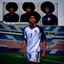 Placeholder: 85mm DSLR color photography of a very detailed headshot fitting all of head and hair in frame. 20-year-old USA soccer player, with black hair color and with small facial hair and has a brown skin tone and has a small afro with a small smile, grey background