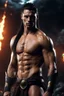 Placeholder: Shirtless Handsome alpha warrior with long dark hair pulled back in a pony tail. photorealistic. 4k. Dark Fantasy
