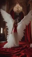 Placeholder: White wings, scissors, red dress on a luxurious velvet floor. Cinematic photo