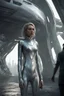 Placeholder: a photorealistic sleek, long, silver spaceship sitting in the street of a dystopian futuristic ruined alien city, with a woman in a silver suit, standing in front