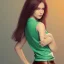 Placeholder: Woman with crook, back view, black trousers, green shirt, render background, brown hair