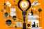 Placeholder: innovation - solarpunk theme illustration - orange elements, black, non productive employee, hour glass, downward trending chart, time, busy