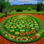 Placeholder: A green meadow with dancing big flowers designed in Navajo baskets painted by Karl Wiener