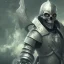 Placeholder: Skull headed knight with armor, wearing high tech mask, Portrait head and shoulders, smoke, realistic, 8K, High Definition, Centered