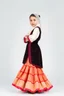 Placeholder: full body 7years old girl ,simple background, full body of very pretty little girl in azeri dance wearing A underdress or shirt, often made of silk,A fitted, often velvet or brocade, jacket worn over the shirt.Wide, bell-shaped skirts are worn, often long and layered to create beautiful movements while dancing, with a long lace scarf at back of her head,in relax pose looking at camera.