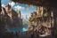 Placeholder: medieval buildings with balconies overhanging lake edge with blue sky and people, photorealism detailed matte painting, deep colour, fantastical, intricate detail, splash screen, concept art